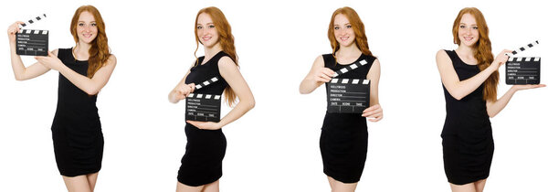 Young woman in black dress holding clapper-board 