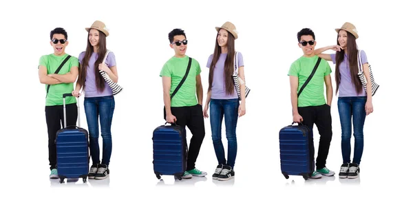 Girl and boy with suitcase isolated on white — Stock Photo, Image