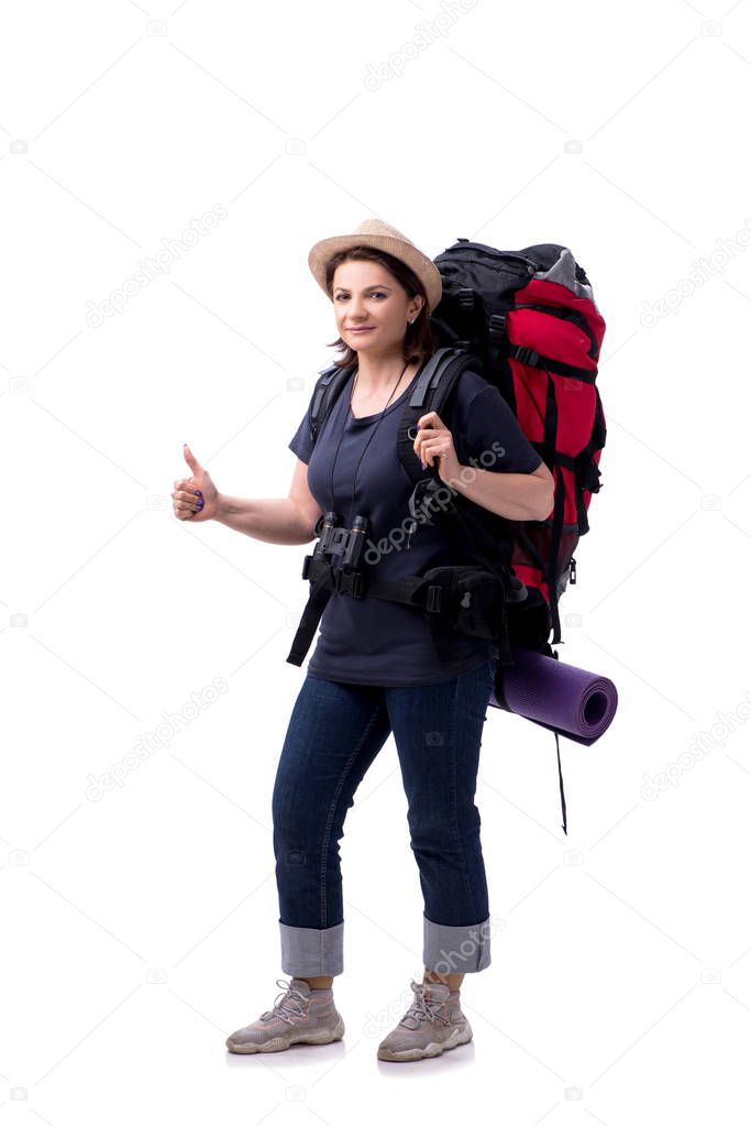 Aged female tourist isolated on white 