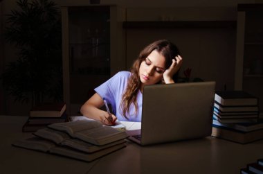 Evde sınavlara hazırlanan genç bir kız öğrenci. 