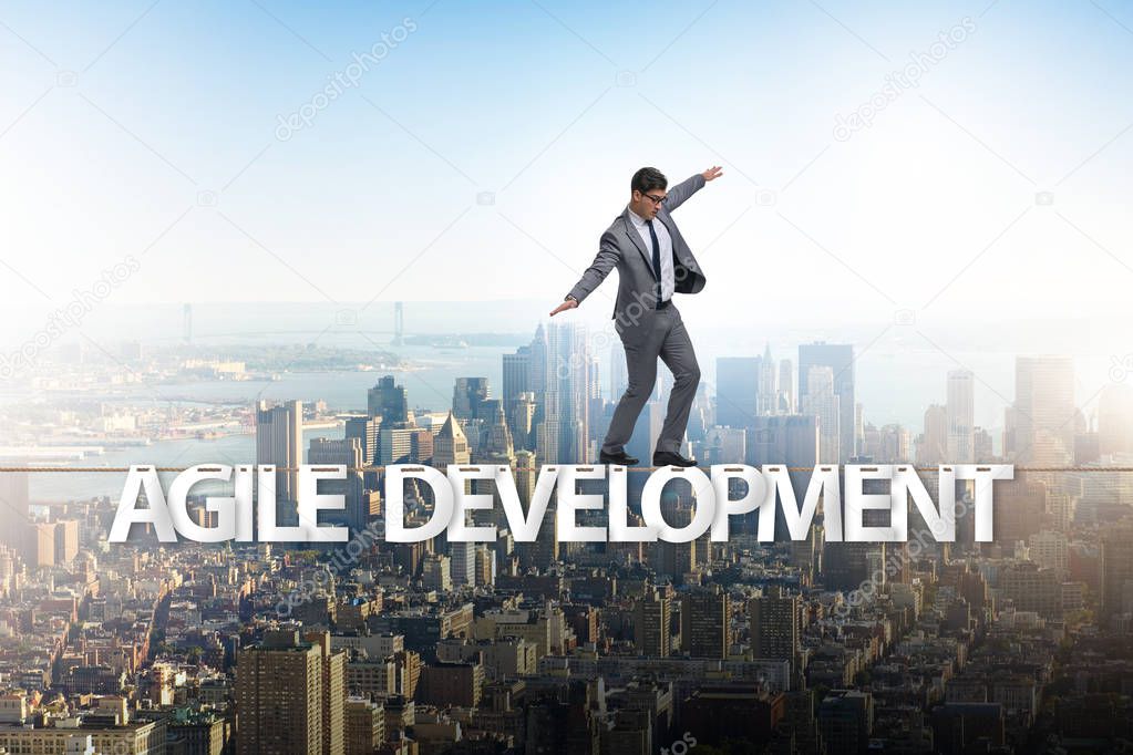 Agile transformation concept with businessman walking on tight r