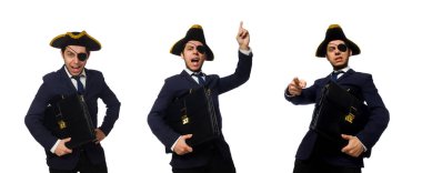 Bir evrak çantası ve üzerinde beyaz izole kılıç ile korsan gözlü