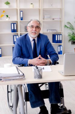 Ofiste çalışan yaşlı tekerlekli sandalyeliler. 