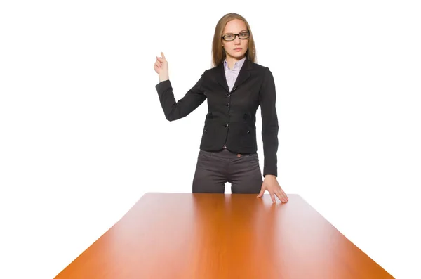 Female employee sitting at long table isolated on white — Stock Photo, Image