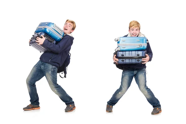 Grappige man met bagage op wit — Stockfoto