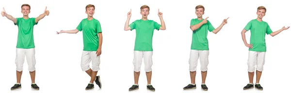 Kleiner Junge in grünem T-Shirt isoliert auf weißem Grund — Stockfoto