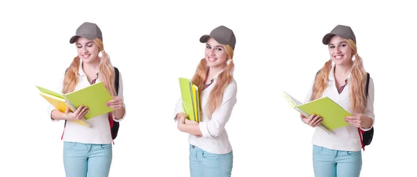Studentin mit Büchern auf Weiß — Stockfoto