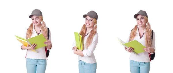 Chica estudiante con libros en blanco — Foto de Stock