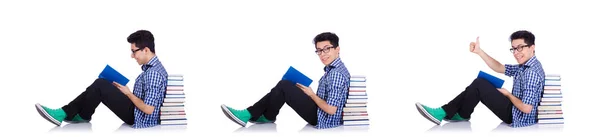 Estudante com muitos livros sobre branco — Fotografia de Stock