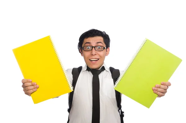 Männlicher Student hält Zettel isoliert auf weißem Papier — Stockfoto