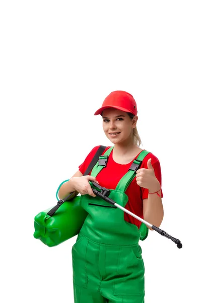 Female pest control contractor isolated on white — Stock Photo, Image