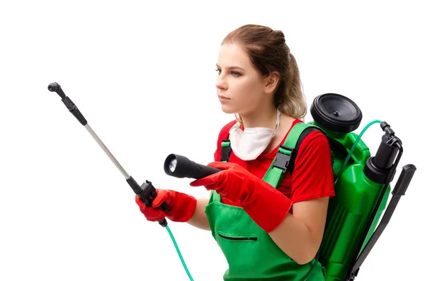 Contraente femminile di controllo dei parassiti isolato su bianco — Foto Stock