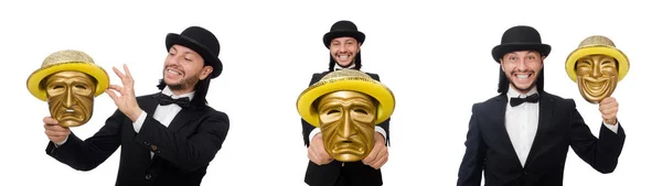 Muž s divadelní maskou izolovaný na bílém — Stock fotografie