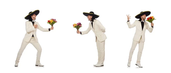 Divertido mexicano en traje con flores aisladas en blanco — Foto de Stock