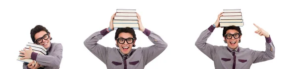 Student mit Büchern auf Weiß — Stockfoto