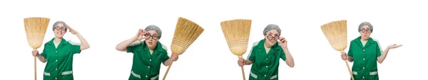 Woman with sweeping brush isolated on white — Stock Photo, Image