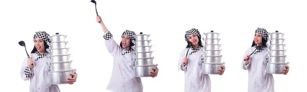 Kochen mit Stapel von Töpfen auf weiß — Stockfoto