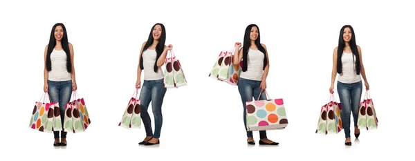 Donna con shopping bags isolata su bianco — Foto Stock