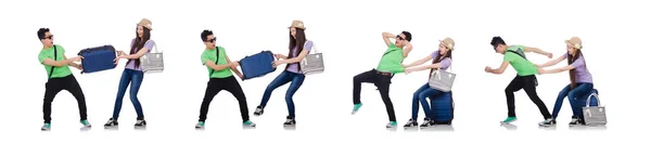 Flicka och pojke med resväska isolerad på vitt — Stockfoto