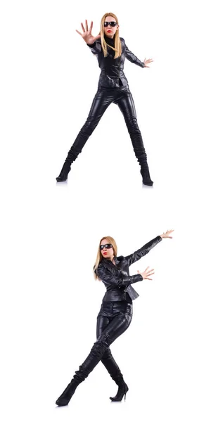 Dancing woman in black leather costume — Stock Photo, Image