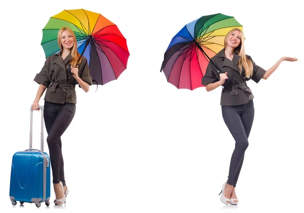 Woman with suitcase and umbrella isolated on white — Stock Photo, Image