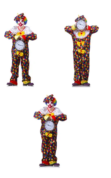 Śmieszny męski klaun z budzikiem — Zdjęcie stockowe