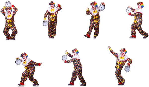 Rolig manlig clown med väckarklocka — Stockfoto