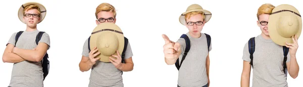 Jovem no capacete de cortiça com mochila — Fotografia de Stock