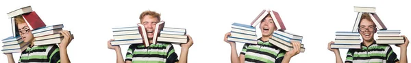Junge Studentin mit Büchern auf Weiß — Stockfoto