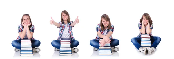 Girl student with books on white — Stock Photo, Image