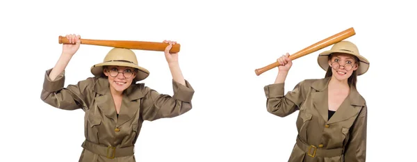 Mujer con sombrero de safari en blanco —  Fotos de Stock