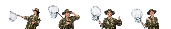 Donna in abiti militari con rete da cattura — Foto Stock
