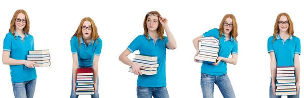 Female student with many books isolated on white — Stock Photo, Image