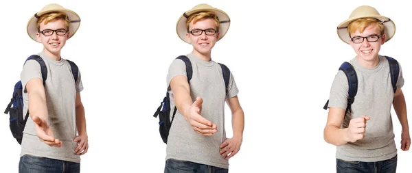 Ung pojke i cork hjälm med ryggsäck — Stockfoto