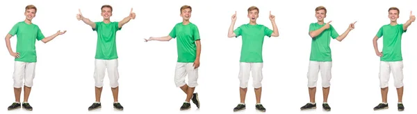 Мальчик в зеленой футболке изолирован на белом — стоковое фото