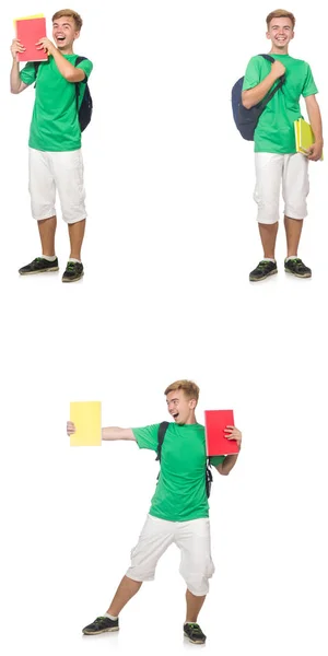 Young student with backpack and notes isolated on white — Stock Photo, Image