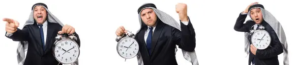 Homme d'affaires arabe avec réveil dans le concept de gestion du temps — Photo