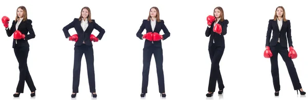 Geschäftsfrau mit Boxhandschuhen isoliert auf weiß — Stockfoto