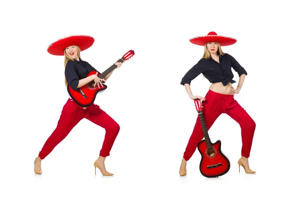 Mexicaanse vrouw gitarist geïsoleerd op wit — Stockfoto