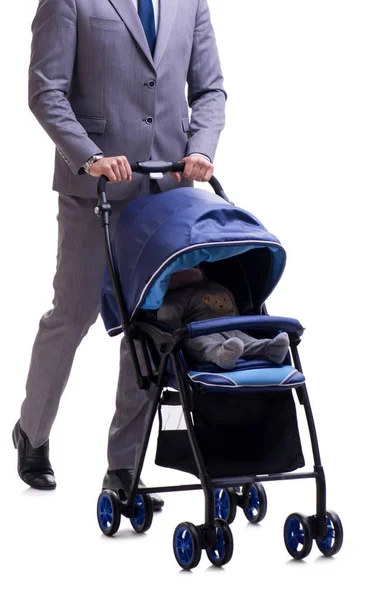 Young dad businessman with baby pram isolated on white — Stock Photo, Image