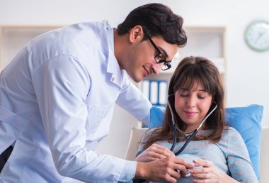 Hamile kadın muayene için doktoru ziyaret ediyor.