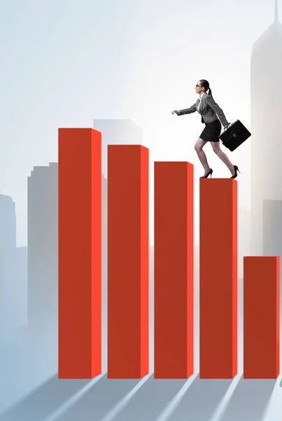 Businesswoman climbing bar chart in economic recovery concept — Stock fotografie