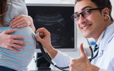 Hamile kadın düzenli kontrol için doktoru ziyaret ediyor.
