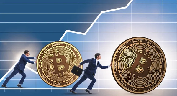 Podnikatel tlačí bitcoin v konceptu blockchain kryptoměna — Stock fotografie