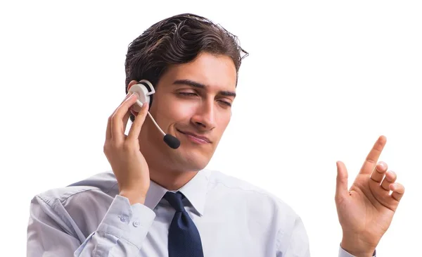 Homem com fone de ouvido isolado no fundo branco — Fotografia de Stock