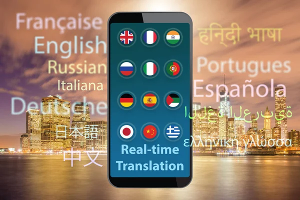 Concept of real time translation with smartphone app - 3d render — Stock Photo, Image