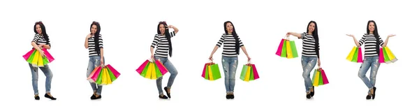 Femme avec des sacs à provisions isolés sur blanc — Photo