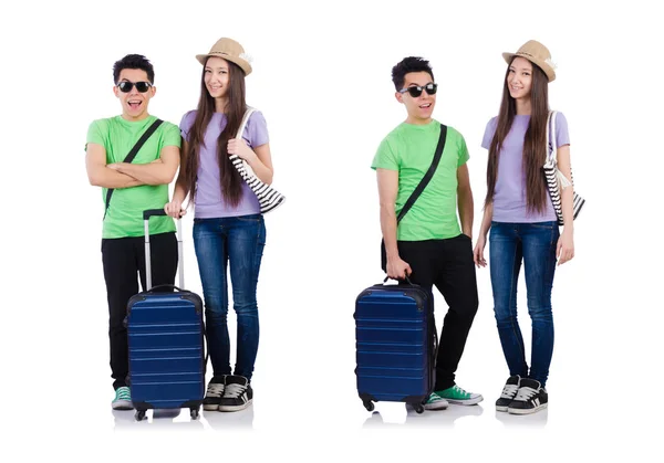 Girl and boy with suitcase isolated on white — Stock Photo, Image