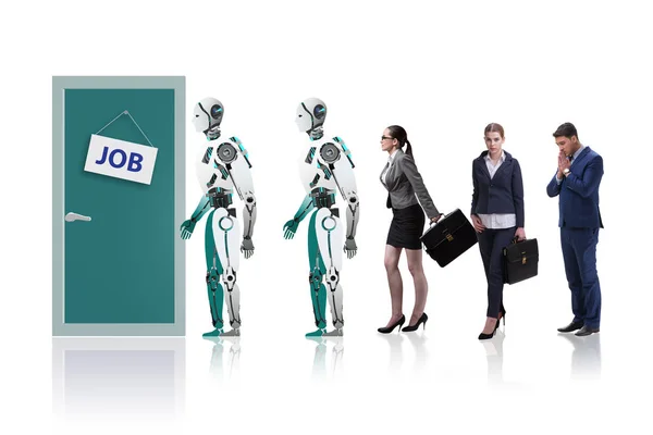 Donna uomo e robot in competizione per posti di lavoro — Foto Stock