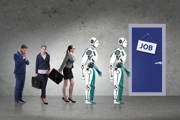 Kobieta mężczyzna i robot konkurują o pracę — Zdjęcie stockowe